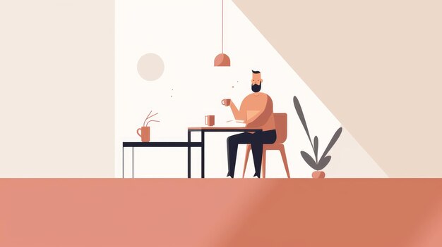 Ilustración vectorial minimalista de un hombre tomando café en una mesa