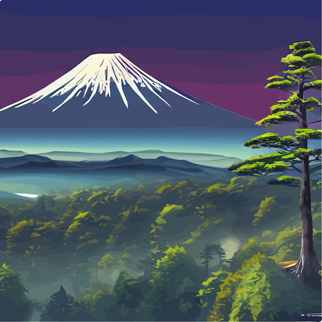 Ilustración vectorial del monte Fuji japonés con variedad de árboles Ideal para deportes de viaje o diseño espiritual asiático