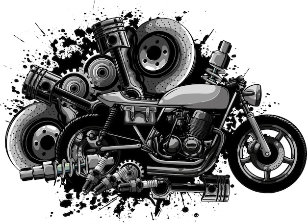 Foto ilustración vectorial de una motocicleta con repuestos