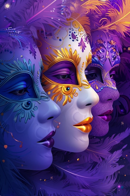 Esta ilustración vectorial muestra una belleza enmascarada en un carnaval de colores adornados con plumas y