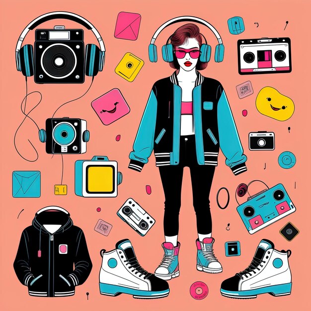 ilustración vectorial de una mujer con auriculares y una patinetailustración vectorial de una mujer con