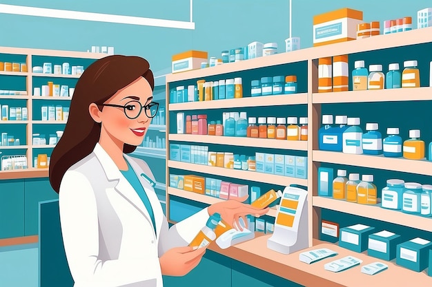 Foto una ilustración vectorial de una mujer comprando medicamentos en una farmacia