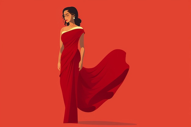Ilustración vectorial de mujer india en saree rojo aislada en un diseño plano de fondo blanco