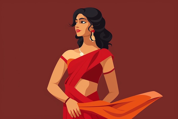 Ilustración vectorial de mujer india en saree rojo aislada en un diseño plano de fondo blanco