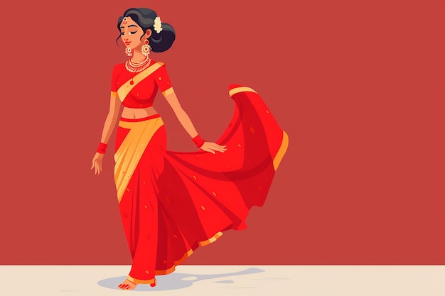 Ilustración vectorial de mujer india en saree rojo aislada en un diseño plano de fondo blanco