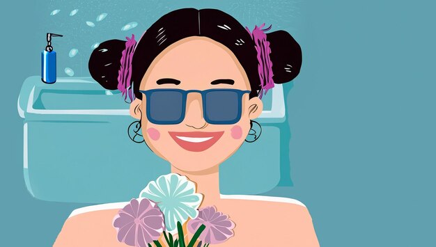 Ilustración vectorial de una mujer con un ramo de flores un tratamiento de spa en el baño