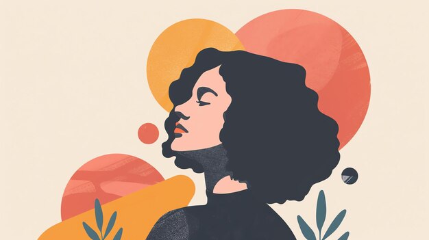 Una ilustración vectorial de una mujer segura con cabello negro y labios rojos Ella lleva una blusa de cuello alto negra con un cuello alto