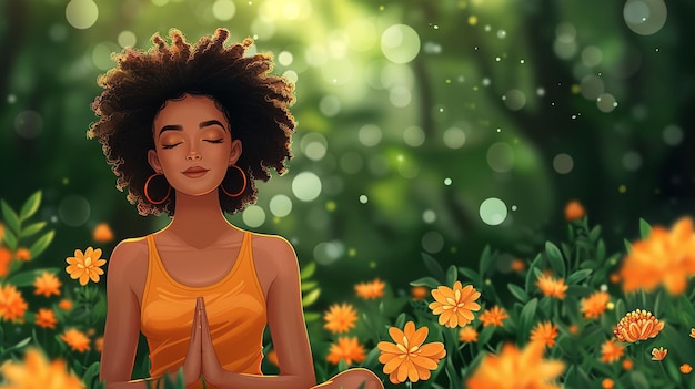 Ilustración vectorial de una mujer de yoga meditando en un estanque de flores de loto