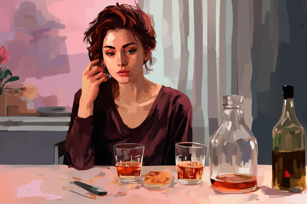 Foto ilustración vectorial niña despondida se sienta en una mesa fumando y bebiendo alcohol botella de vino y