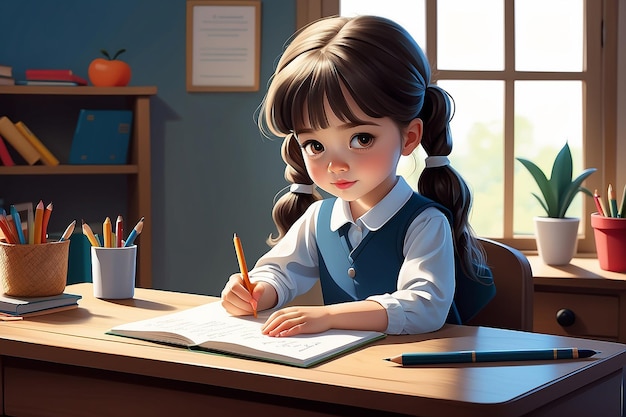 Ilustración vectorial de una niña escolar sentada en un escritorio aprendiendo a escribir