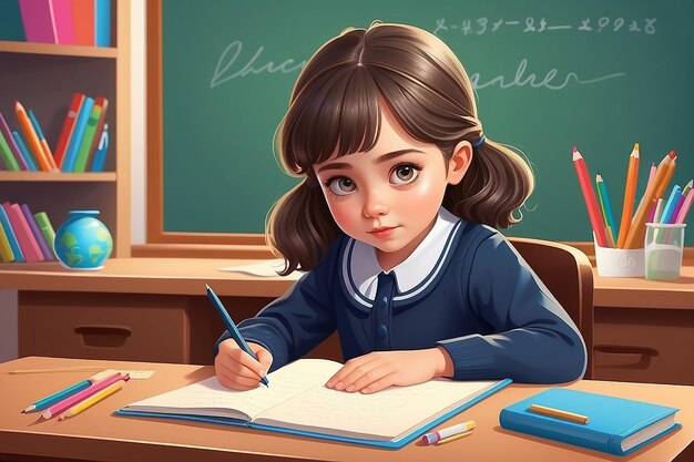 Ilustración vectorial de una niña escolar sentada en un escritorio aprendiendo a escribir