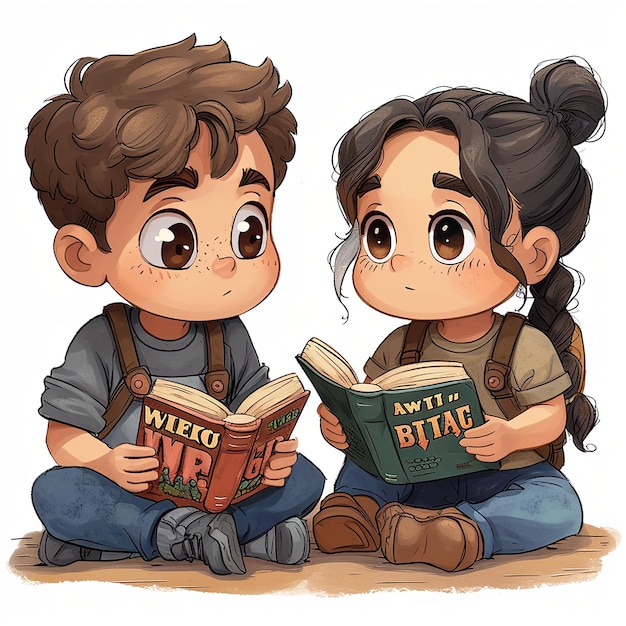 Ilustración vectorial de un niño y una niña leyendo