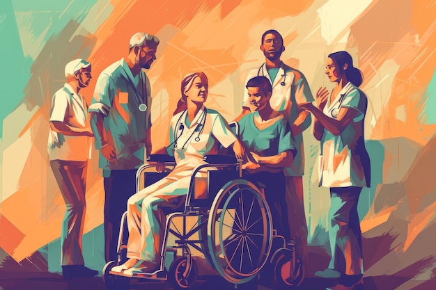 Ilustración vectorial o fondo de enfermeras ayudando a los pacientes