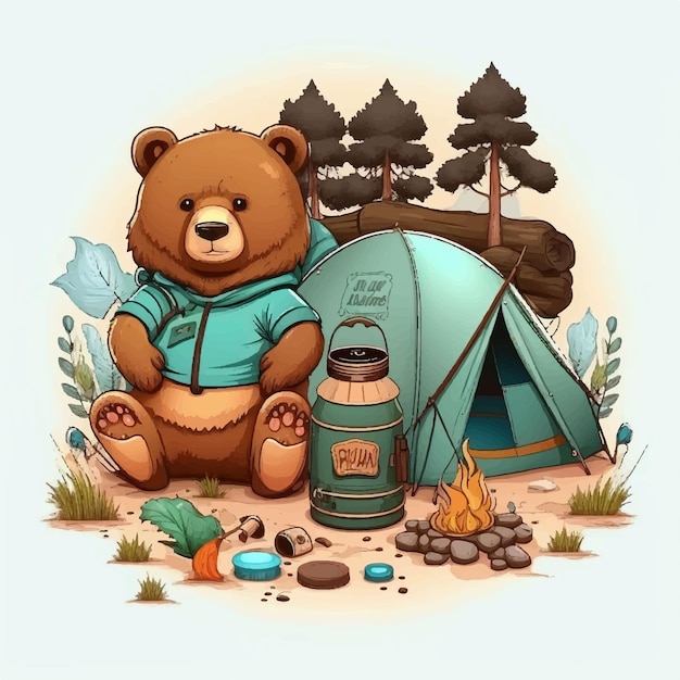 Ilustración vectorial del oso de dibujos animados con elemento de campamento