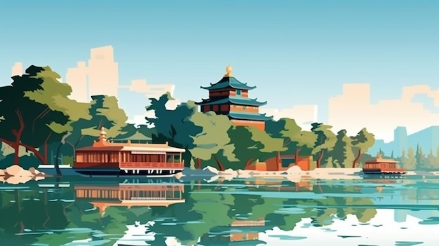 Una ilustración vectorial de una pagoda china en un lago con un barco generativo ai