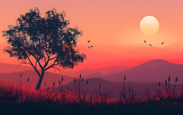 Foto ilustración vectorial del paisaje del atardecer con silueta