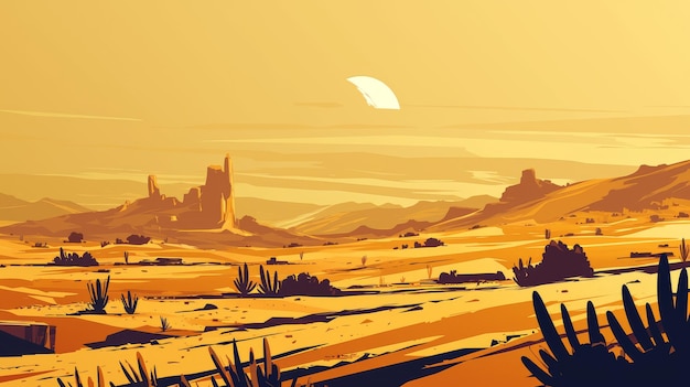 Ilustración vectorial del paisaje desértico occidental con tiempo soleado y amanecer en un fondo de verano