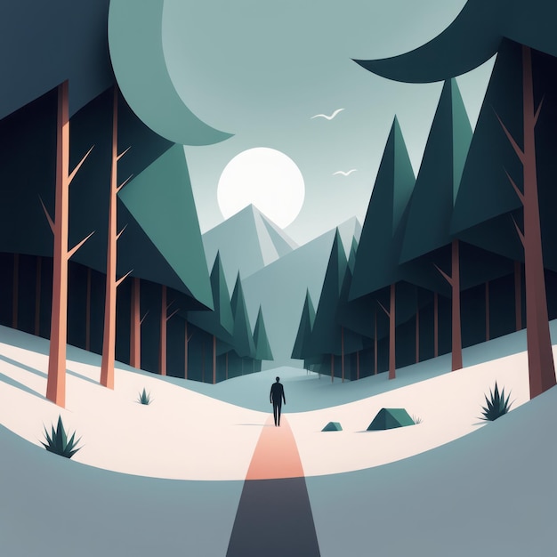 Ilustración vectorial de un paisaje forestal un hombre con un azul oscuro y árboles rojos un hombre en una coa oscura