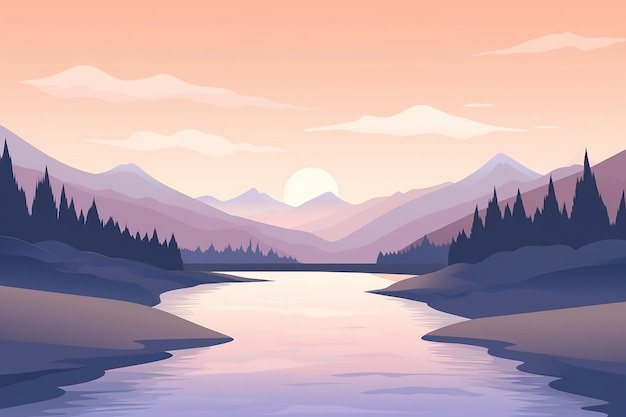 Ilustración vectorial del paisaje del río de montaña