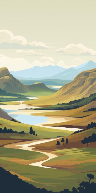 Ilustración vectorial del paisaje de las tierras altas para el diseño de camisetas