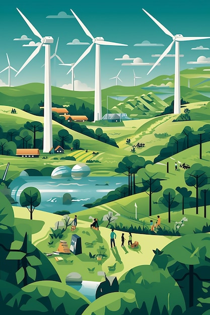 una ilustración vectorial de un paisaje con una turbina eólica al fondo