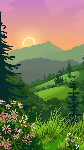 Ilustración vectorial de paisajes naturales de atardecer o amanecer de verano