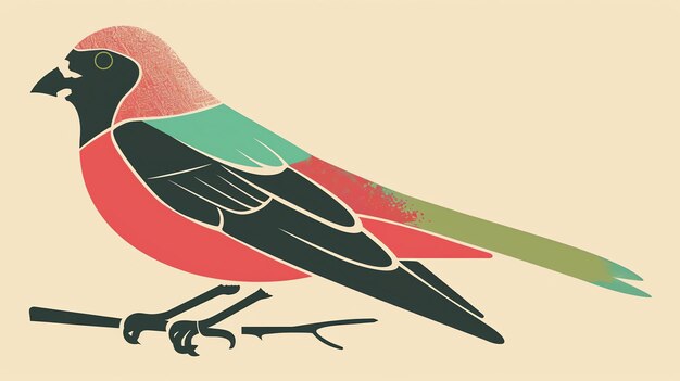 Una ilustración vectorial de un pájaro colorido con un cuerpo rojo alas negras y una cabeza azul El pájaro está sentado en una rama y mirando a la izquierda