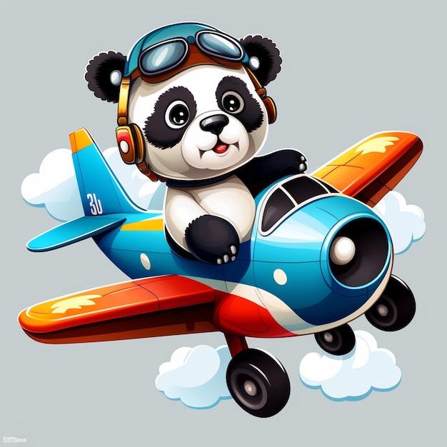 Foto ilustración vectorial de un panda montado en un avión