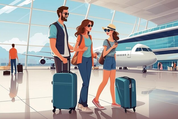 Una ilustración vectorial de una pareja en el aeropuerto preparándose para viajar en verano