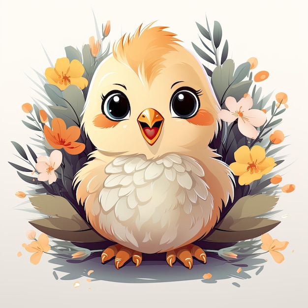 Ilustración vectorial de un pequeño pájaro lindo sobre un fondo de flores