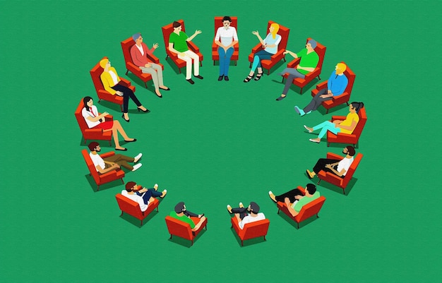 una ilustración vectorial de personas sentadas en sillas y una forma redonda con un corazón en el fondo verde