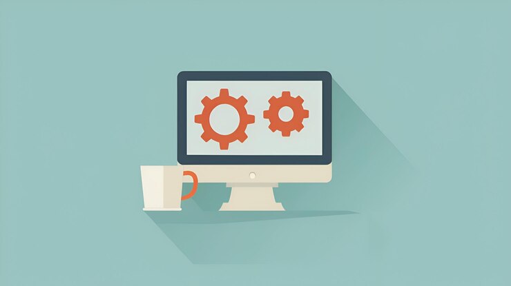 Foto ilustración vectorial plana de la pantalla de la computadora con engranajes y taza de café diseño digital moderno