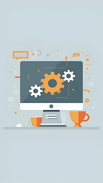 Ilustración vectorial plana de la pantalla de la computadora con engranajes y taza de café Diseño digital moderno