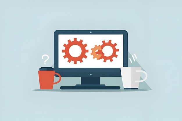 Ilustración vectorial plana de la pantalla de la computadora con engranajes y taza de café Diseño digital moderno