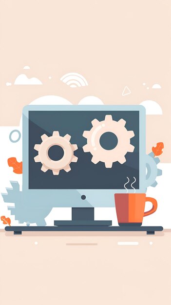 Ilustración vectorial plana de la pantalla de la computadora con engranajes y taza de café Diseño digital moderno