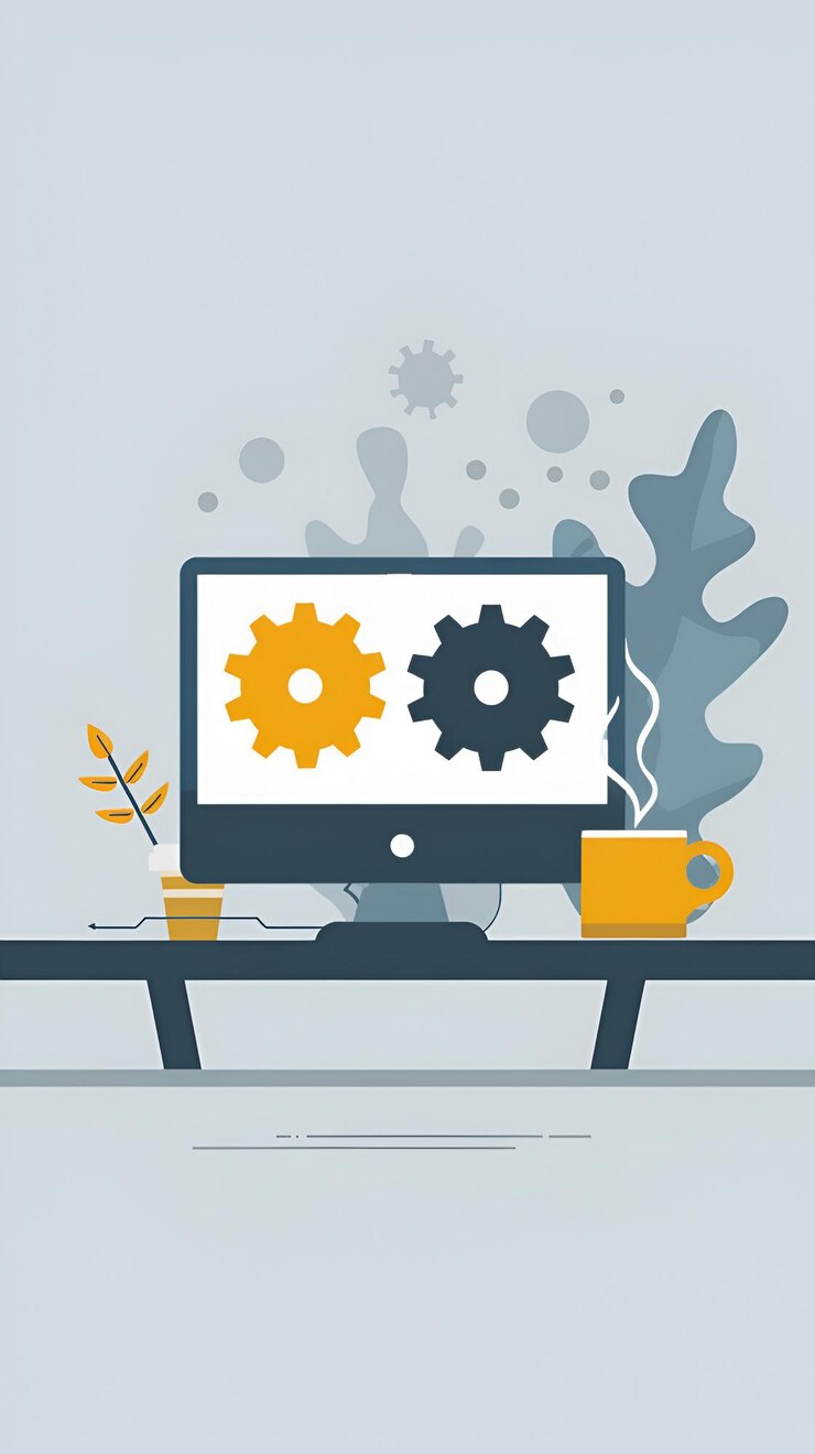 Foto ilustración vectorial plana de la pantalla de la computadora con engranajes y taza de café diseño digital moderno