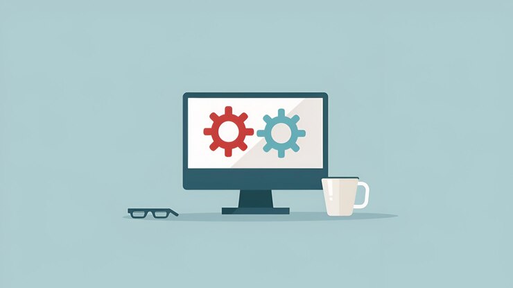 Foto ilustración vectorial plana de la pantalla de la computadora con engranajes y taza de café diseño digital moderno
