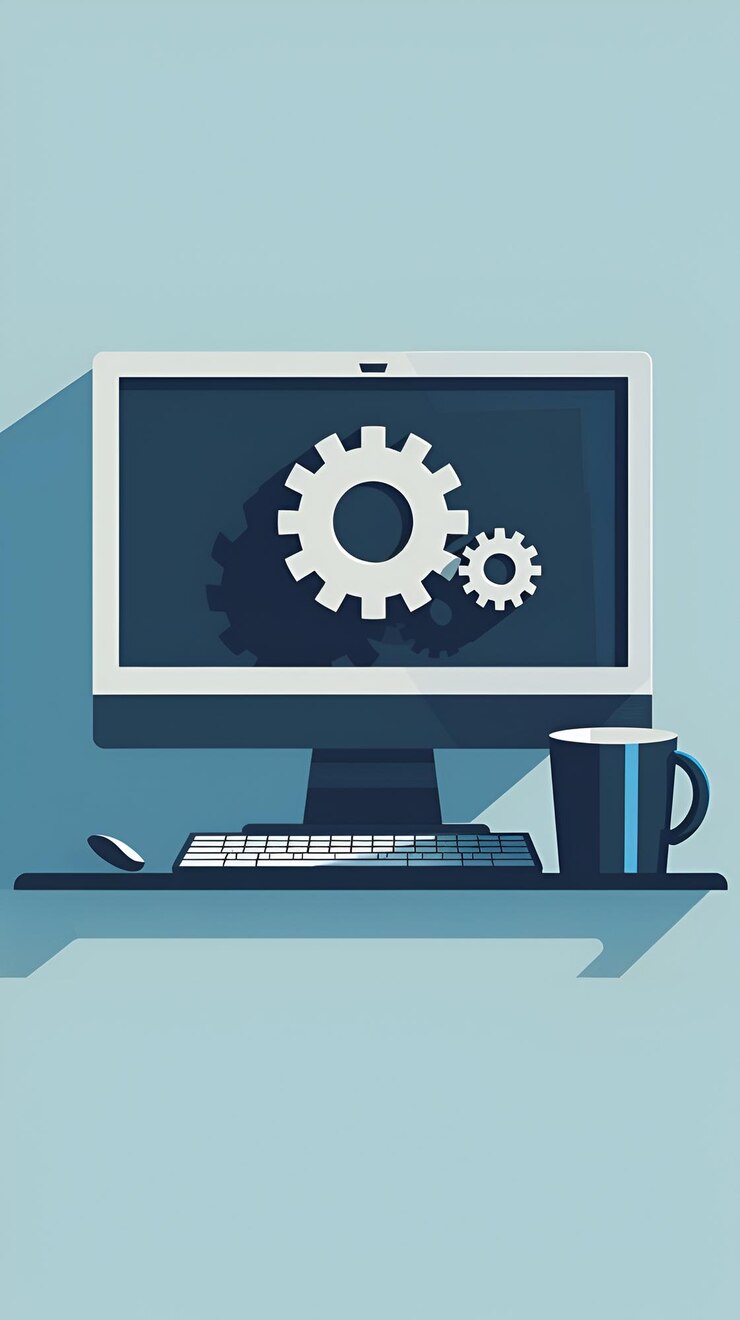 Foto ilustración vectorial plana de la pantalla de la computadora con engranajes y taza de café diseño digital moderno