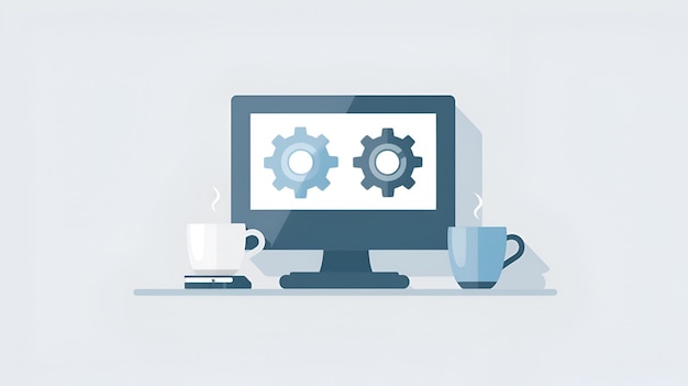 Ilustración vectorial plana de la pantalla de la computadora con engranajes y taza de café Diseño digital moderno