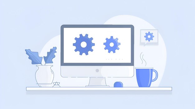 Ilustración vectorial plana de la pantalla de la computadora con engranajes y taza de café Diseño digital moderno