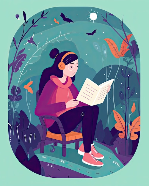 Ilustración vectorial plana de un personaje femenino leyendo y escuchando un audiolibro creado con tecnología Generativa AI