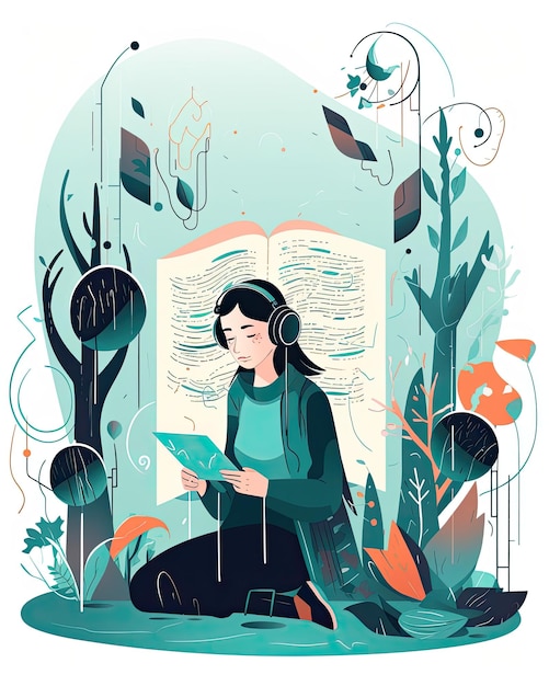 Ilustración vectorial plana de un personaje femenino leyendo y escuchando un audiolibro creado con tecnología Generativa AI