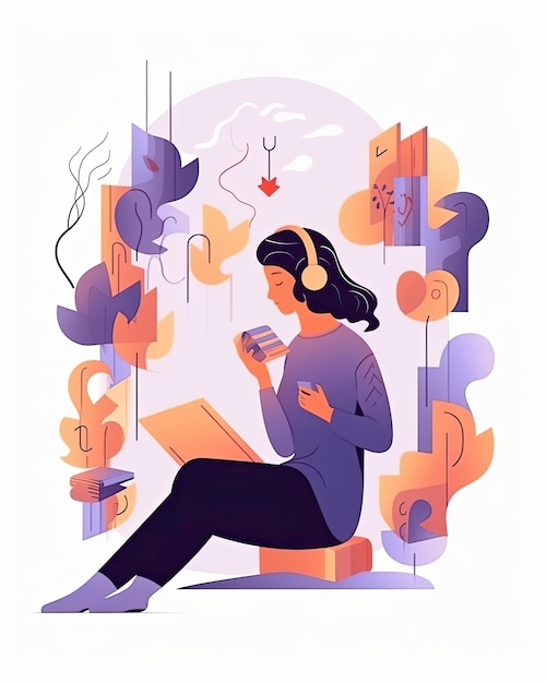 Foto ilustración vectorial plana de un personaje femenino leyendo y escuchando un audiolibro creado con tecnología generativa ai