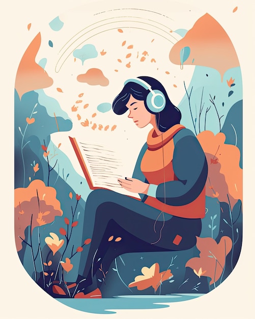 Foto ilustración vectorial plana de un personaje femenino leyendo y escuchando un audiolibro creado con tecnología generativa ai