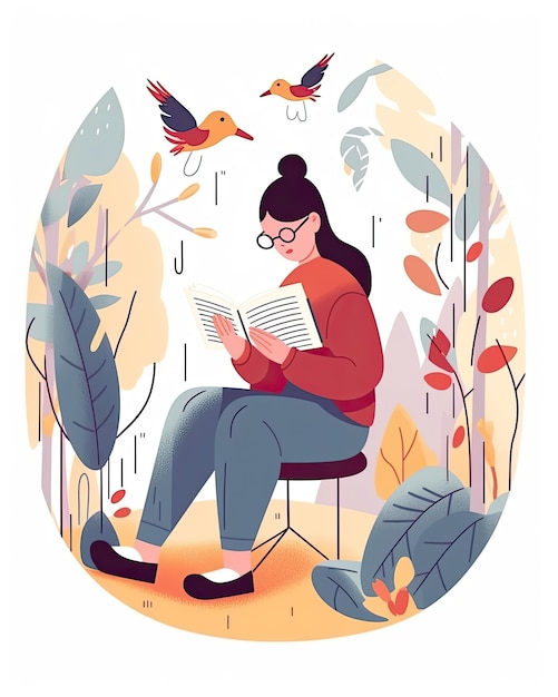 Ilustración vectorial plana de un personaje femenino leyendo y escuchando un audiolibro creado con tecnología Generativa AI