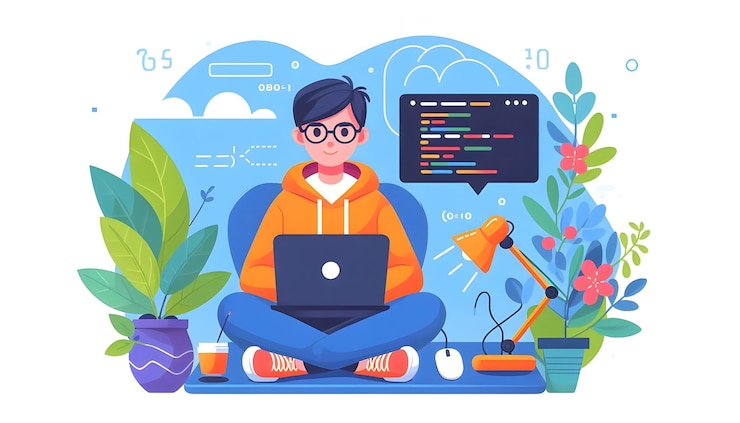 Foto ilustración vectorial plana de un programador codificando en una computadora portátil