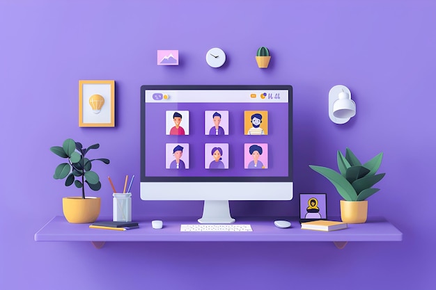 Ilustración vectorial plana de una videoconferencia en pantalla de computadora con colores pastel
