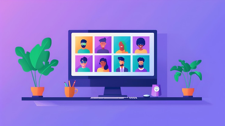 Foto ilustración vectorial plana de una videoconferencia en pantalla de computadora con colores pastel