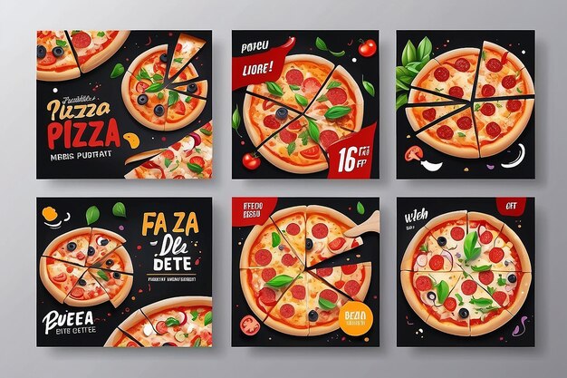 Foto ilustración vectorial de plantillas de pizza para publicaciones de redes sociales de alimentos colección de diseños de plantillas para pancartas cuadradas editables para publicaciones de alimentos