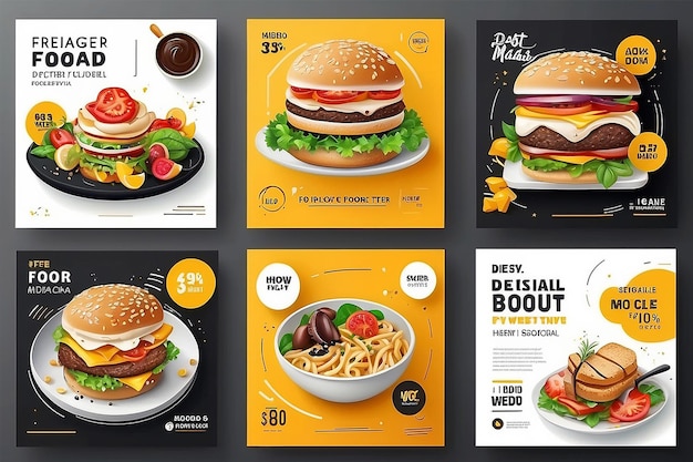 Foto ilustración vectorial de plantillas de publicaciones de redes sociales de alimentos conjunto de diseños de plantilas de pancartas cuadradas editables para publicaciones de alimentos